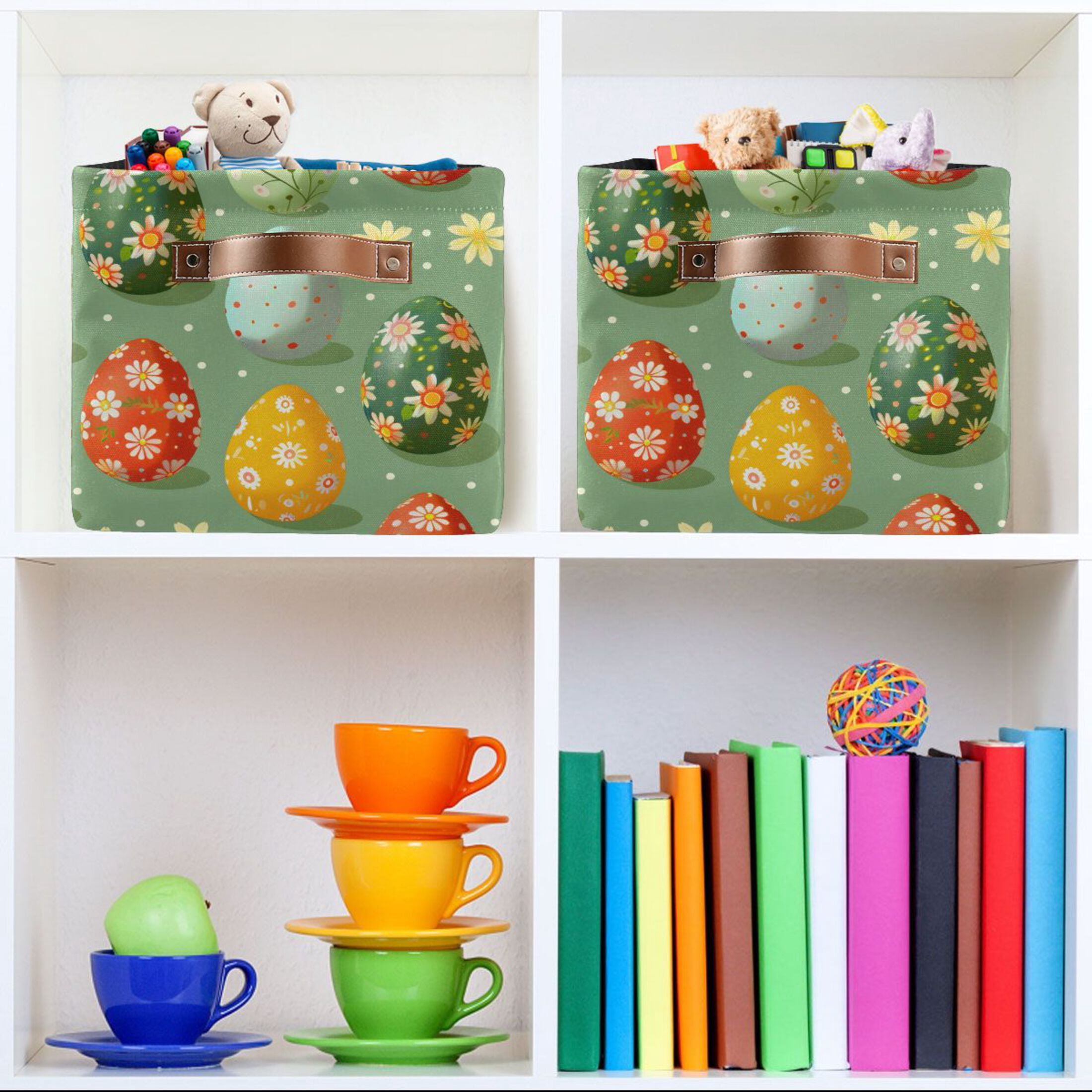 Ryvnso Easter Eggs Floral Storage Basket Large Bin Foldable Boxes Toys Organizer 14.2x10.2x8.3in 2 PCs