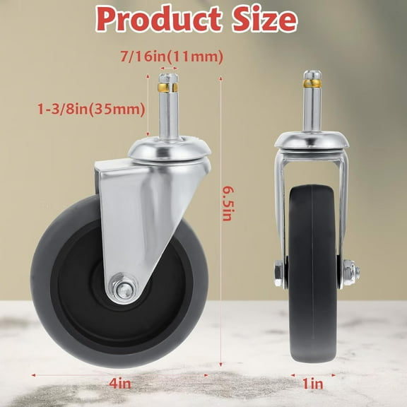 4 Inches Heavy Duty TPR Stem Caster Wheels, Load Capacity 175lbs Each - Perfect  for Utility Carts and