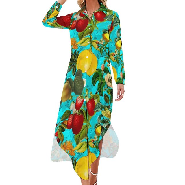 Robe en Chiffon Imprimé Fruits Jaune Citron Robes Mignonnes Femmes Manches Longues Style Rue Col en V Motif Robe Décontractée Surdimensionnée