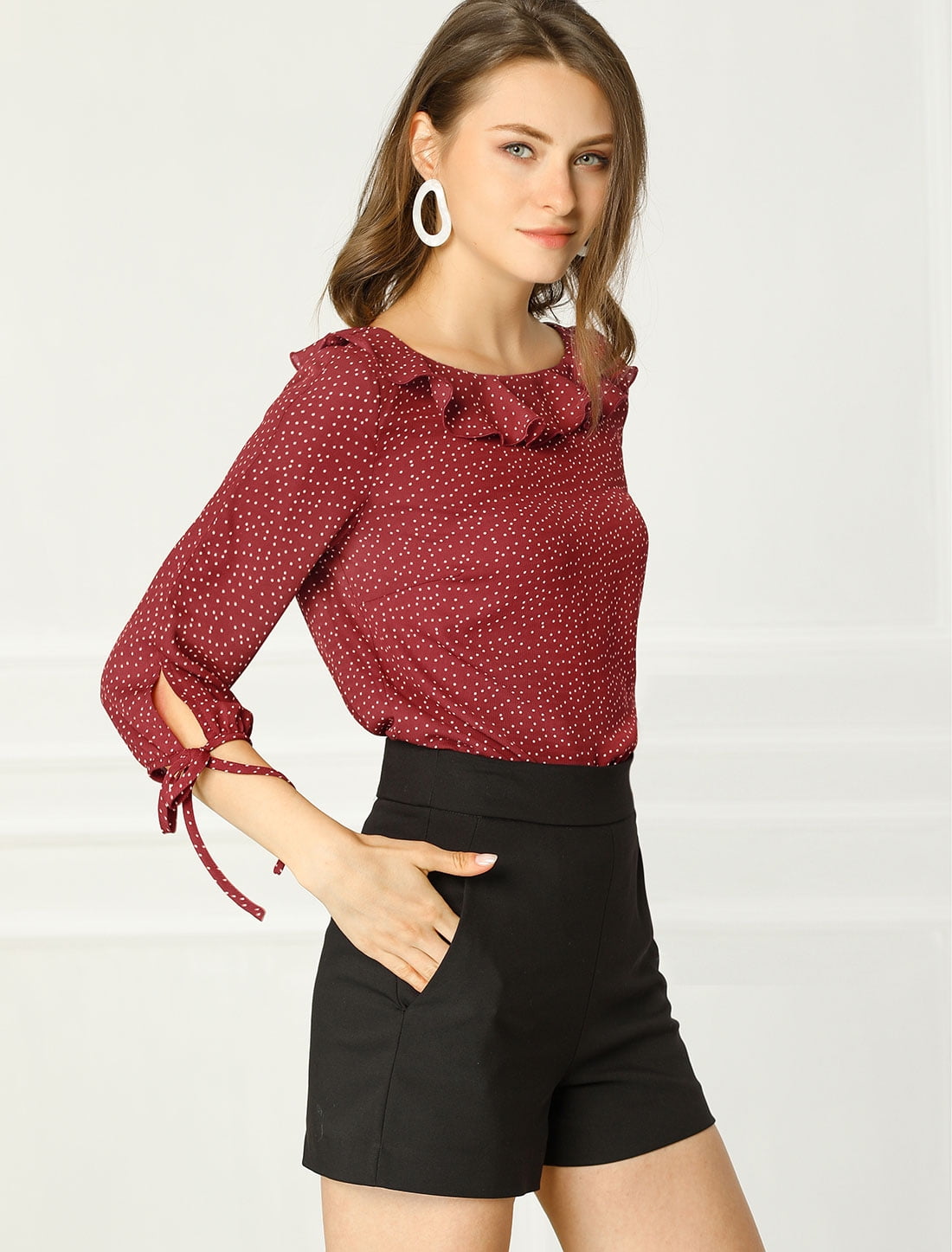 DARING DIVA Polka Dots Ruffled Neck 3/4 Sleeve Blouse Top 2XL Wine Red