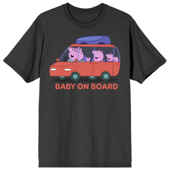 Peppa Pig TV Peppa pig and family on a car Baby on Board Logo Ico on Charcoal Ground Adult Crew Neck Short Sleeve T-shirt - XL