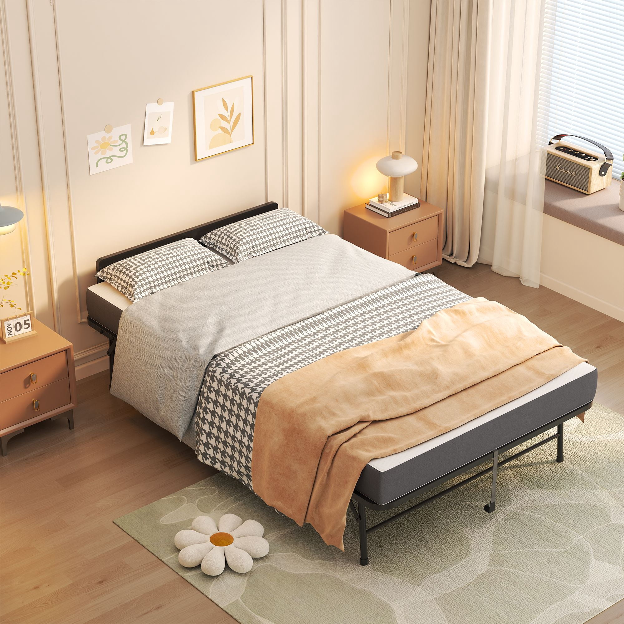 Extra Long Folding Bed with Adjustable Headboard, 5 in Memory Foam Mattress, Heavy-Duty Metal Frame, Rollaway Guest Bed on Wheels, 75 x 46 in
