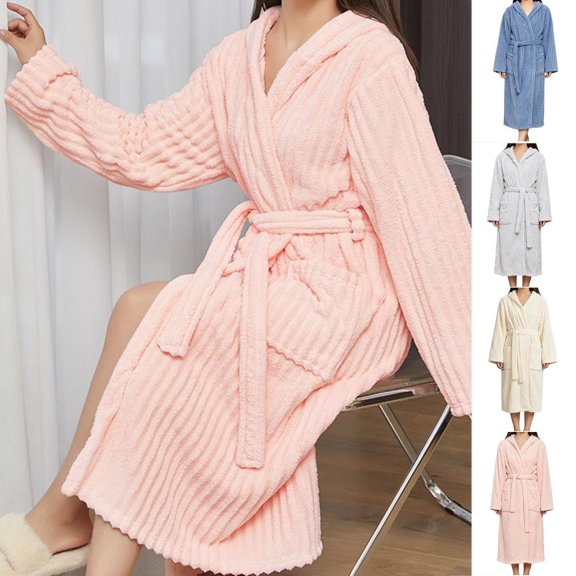 Bxsruta Womens Plush Hooded Robe Soft Fleece Bathrobe Long Loungewear with Pockets and Belt