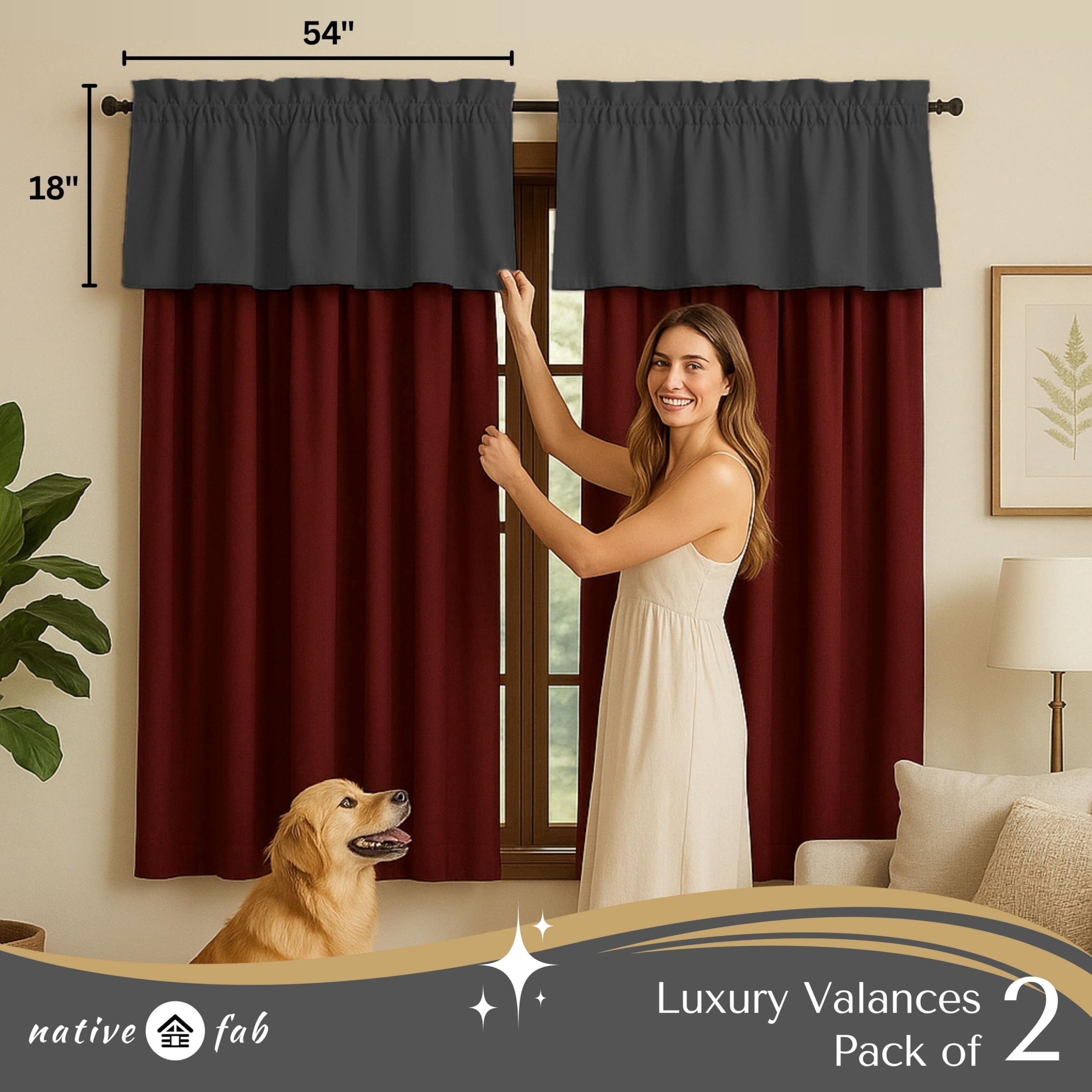 Native Fab Set of 2 Valance Curtains for Windows 54"x18" for Living Room Bedroom Kitchen Windows Bathroom, Farmhouse Vintage Curtain Valances Rod Pocket - Grey