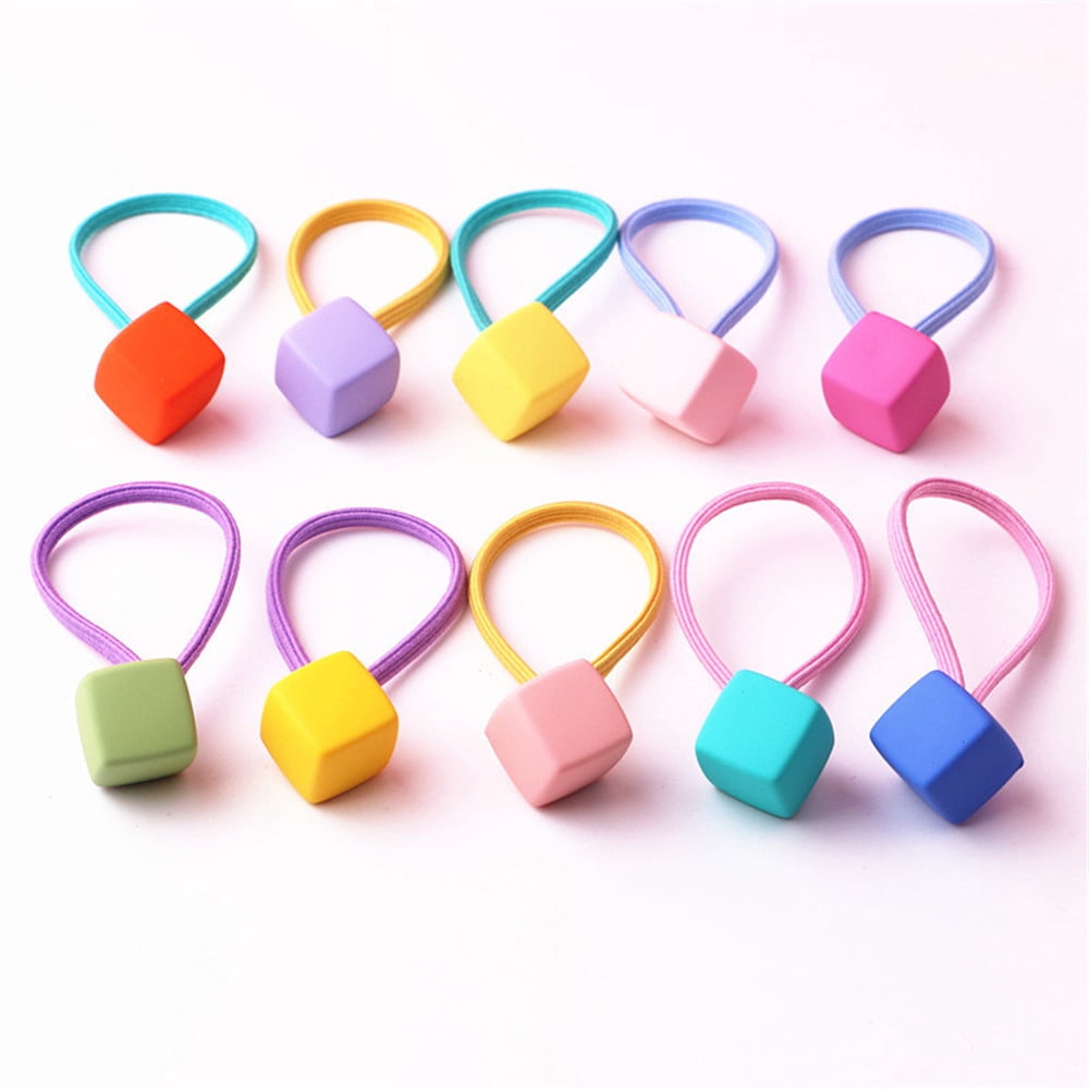 10pcs/Set Cute Heart Shaped Frosted Bead Pendant Hair Rope For Girls Fashion Candy Color Geometric Elastic Hair Bands Headwear
