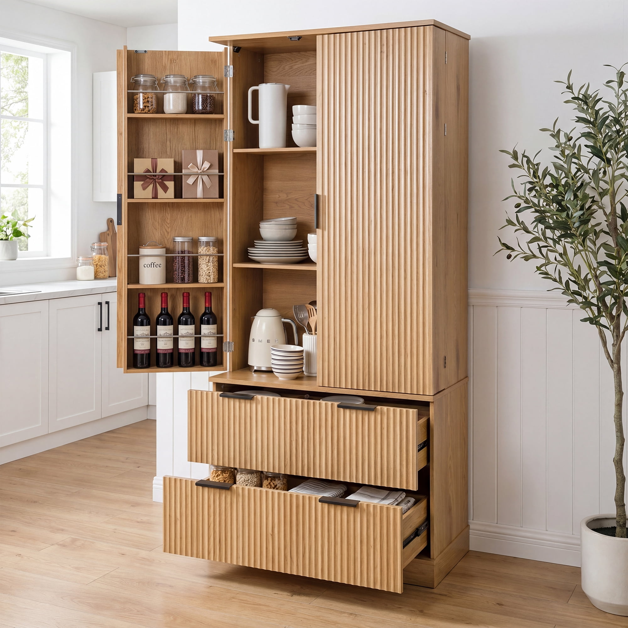 Mintazer 72" Modern Fluted Freestanding Kitchen Pantry Storage Cabinet with 2 Door & 2 Drawers, Large Storage Hutch with 8 Spice Door Racks for Kitchen Dining Room Bathroom, Natural