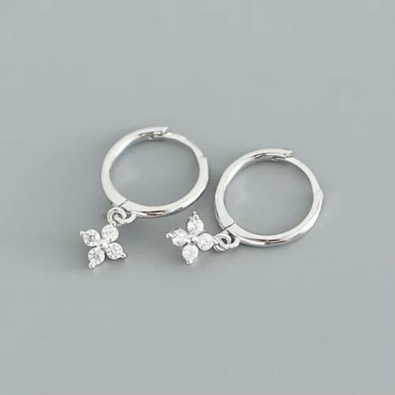 QQTDFG 925 Sterling Silver Tiny CZ Flower Huggie Hoop Dangle Drop Earrings A1248-A - Silver with Clear Stone