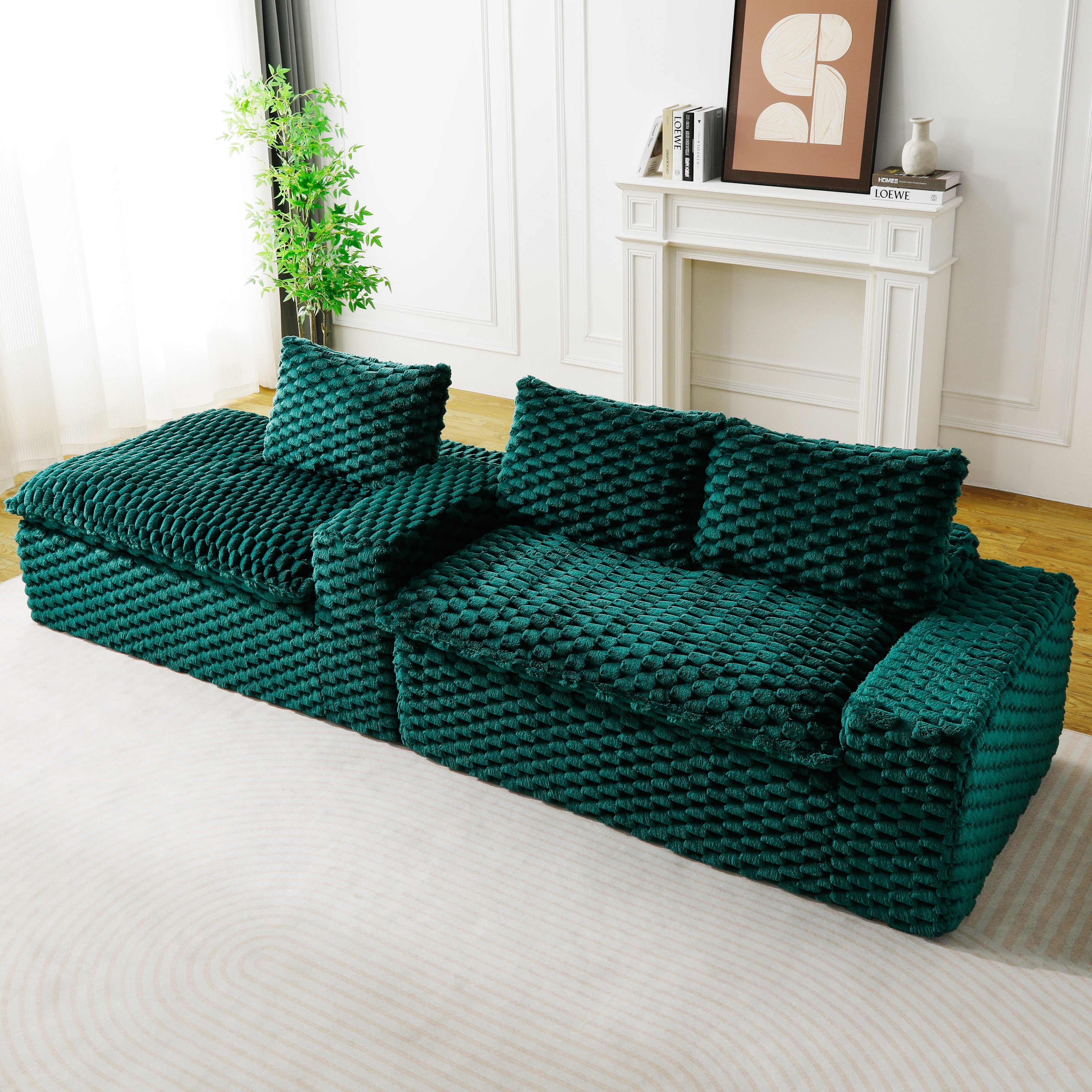 HOQBN 96"W Modular Sectional Sofa,L Shape Modern Corduroy Cloud Couch,Upholstered Deep Seat Boneless Sofa Couch with Left Chaise Lounge for Living Rooms,No Assembly Required,Green