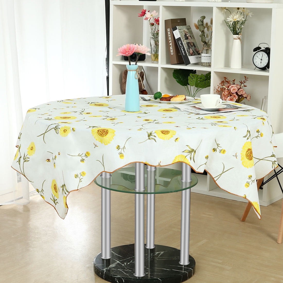 N/ A Blooming Sunflowers Round Tablecloth 60 Inch Stain and Wrinkle Resistant Washable Table Cover for Dinning Room Tabletop Decoration