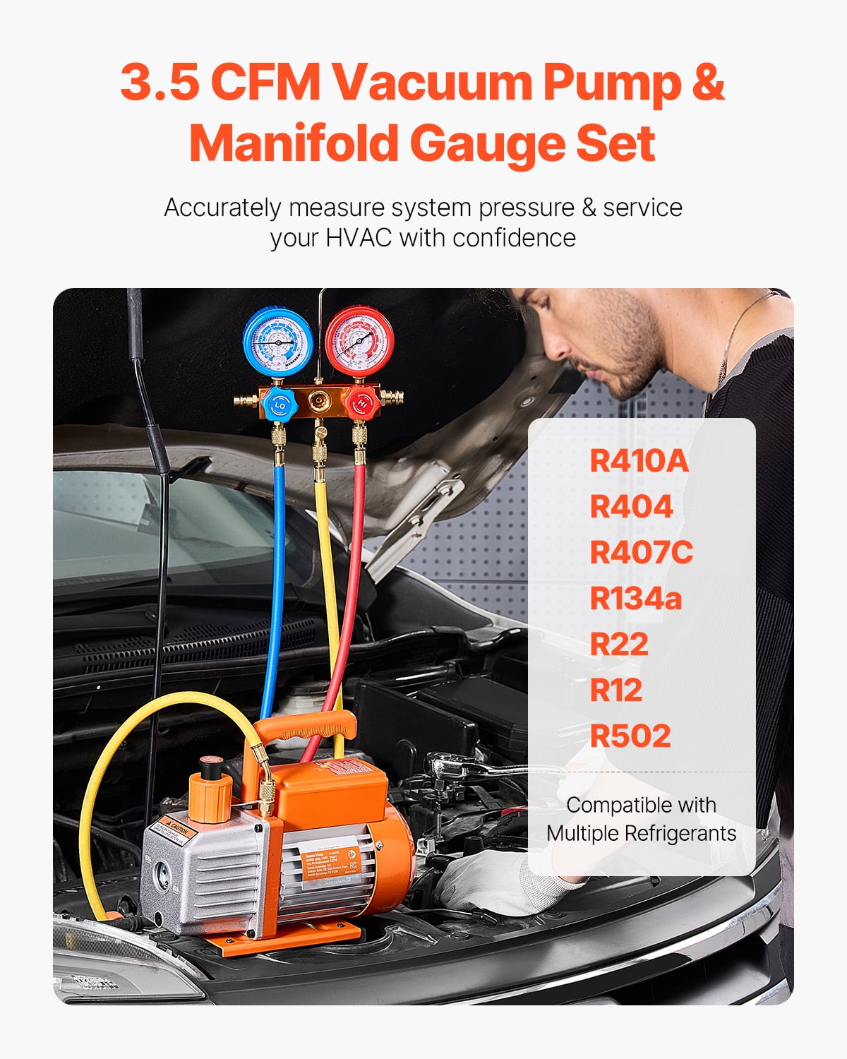 KFFKFF 3.5 CFM AC Vacuum Pump and Gauge Set, Single Stage Rotary Vane HVAC Air Vacuum Pump, A/C Refrigerant Manifold Gauge Kit, with Hoses, for R134a, R12, R22, R502a, R410A, R404, R407C Refrigerants