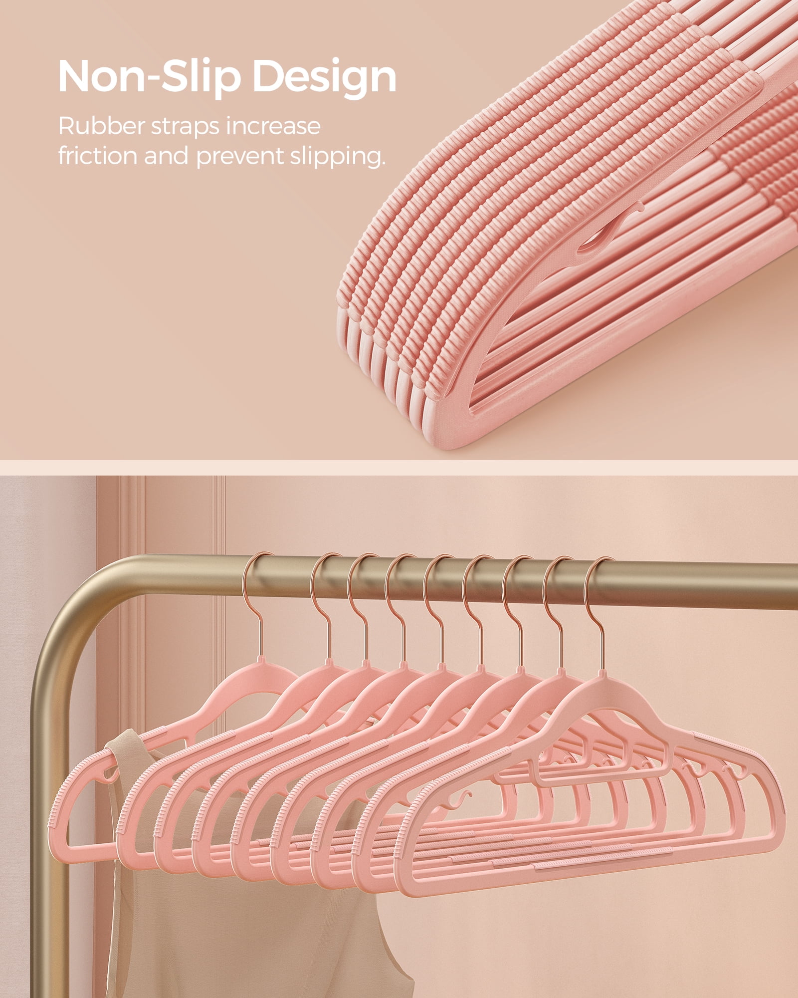 50 Pack Coat Hangers Non-Slip Clothes Hangers Space-Saving Plastic Hangers 360°Swivel Rose Gold Hook Light Pink