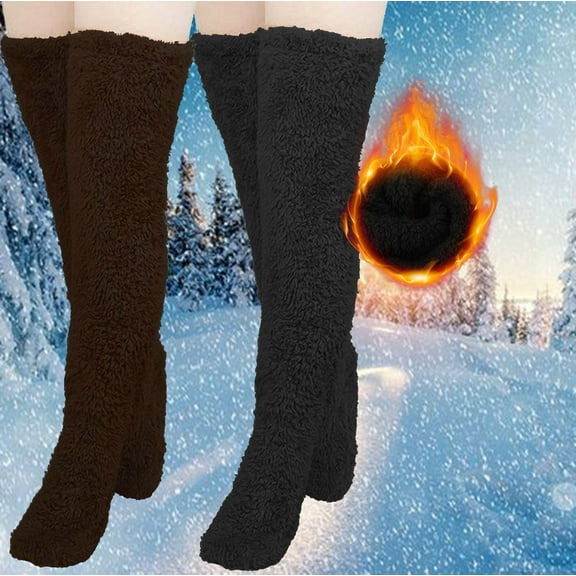 Honeeladyy 2 Pairs of Over Knee High Fuzzy Socks Plush Slipper Stockings Furry Long Leg Warmers Winter Home Sleeping Socks