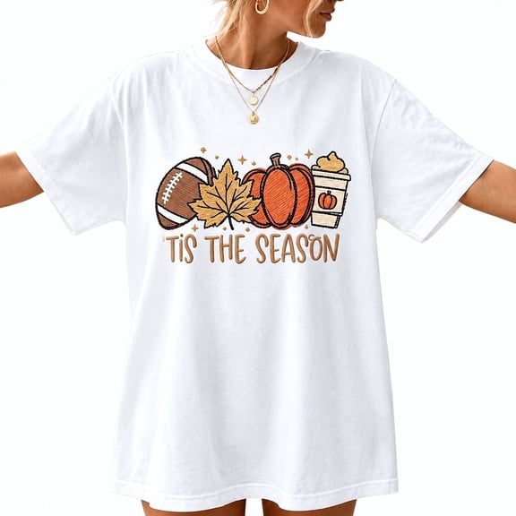 Women's Fall Graphic T-Shirt, Short Sleeve Crew Neck Casual Tee with Pumpkin, Leaf and Football Design, White