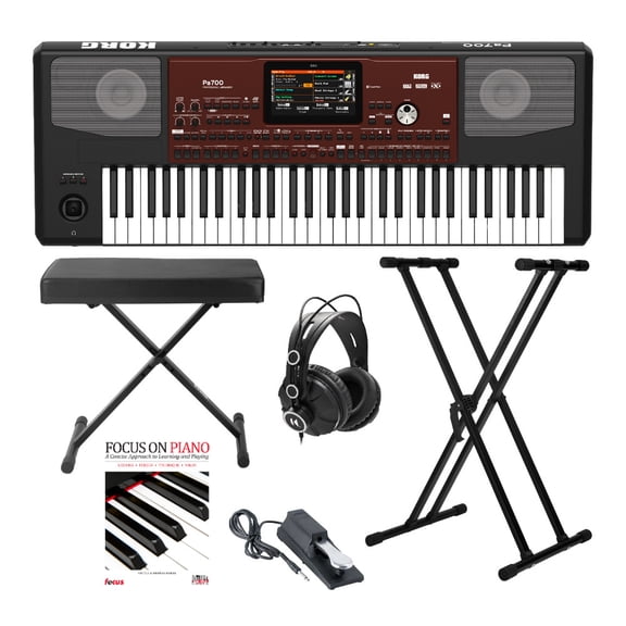 Korg PA700 61-Key Arranger Keyboard with Bench, Double X Stand and Accessory Bundle (6 Items)
