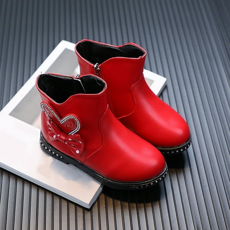 

HAXMNOU Fashion Autumn Winter Girls Boots Low Heel Flat Bottom Non Slip Rhinestone Bowknot Solid Side Zipper Comfortable Red