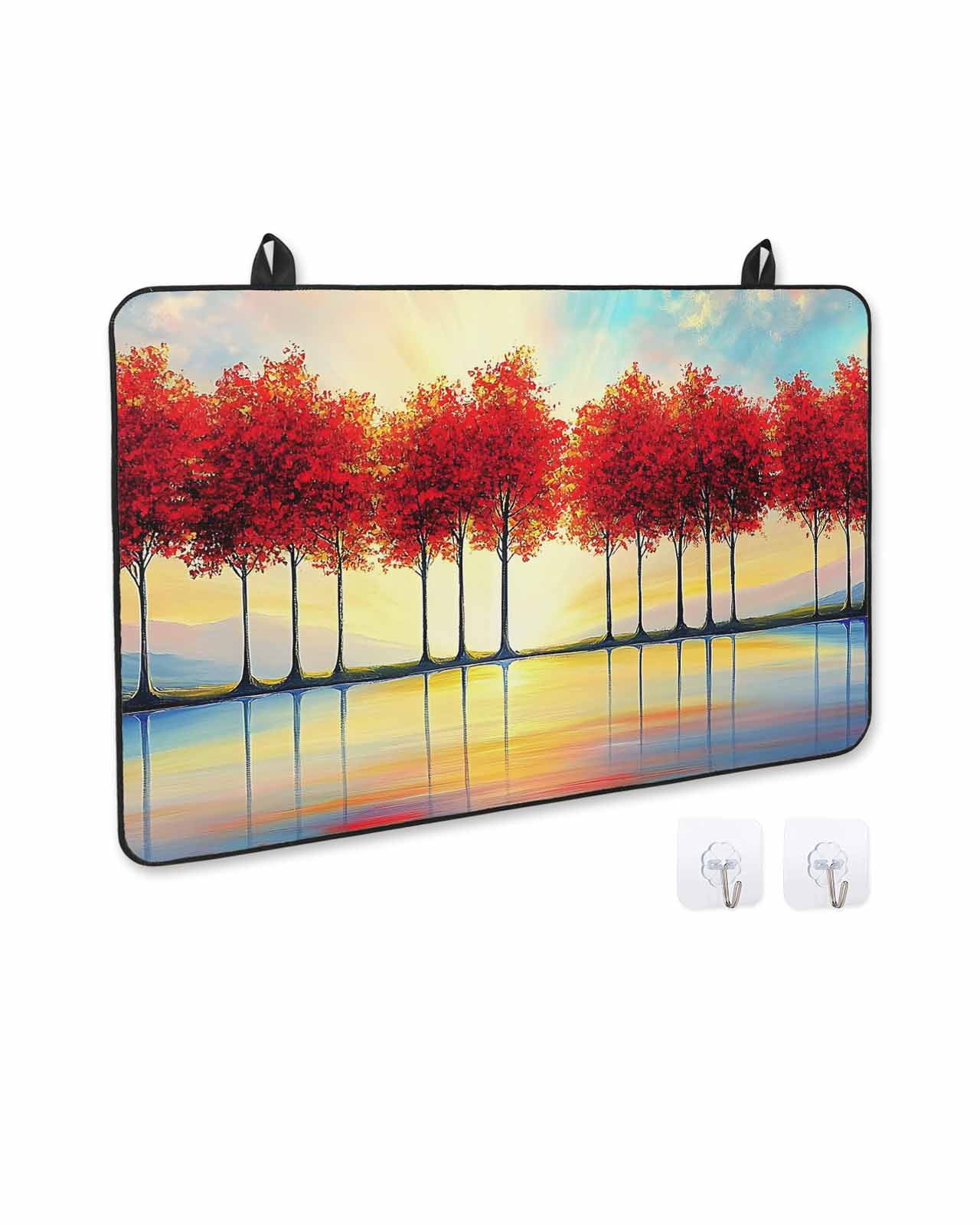 nqOlkjepod Large Induction Cooktop Protector Mat 24"x21", Red Trees Stove Top Covers for Electric Stove, Orange Blue Sunrise Reflection Retro Art Stove Burner Cover Mats, Glass Top Stove Cover