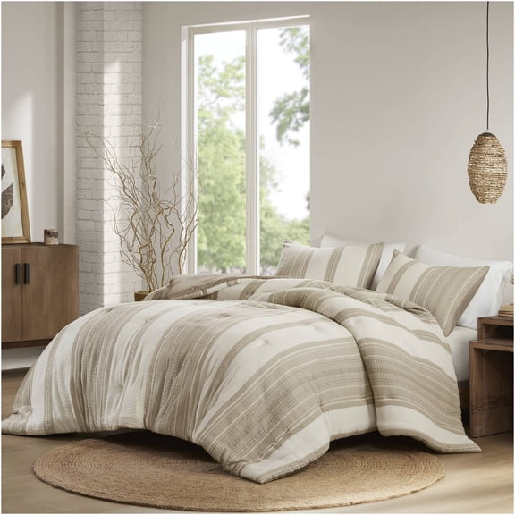 JERFIT Waffle Weave Cotton Comforter Set Full Queen 3-Piece, Boho Striped Bedding Set, All-Season Ultra Soft & Breathable, Tan