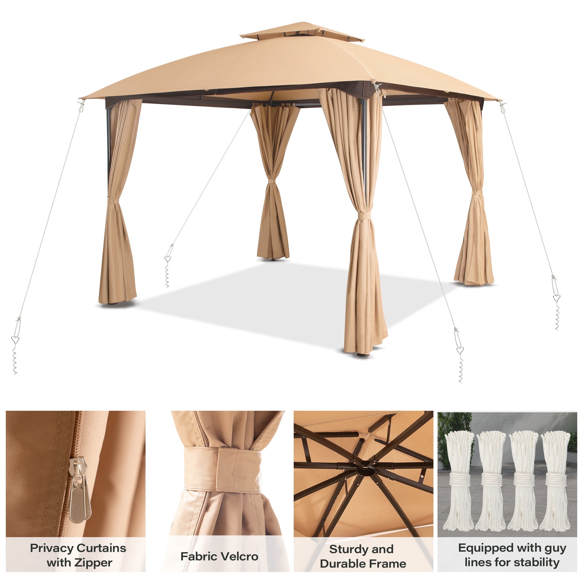 KAMEROUT 10'x10' Outdoor Gazebo with Privacy Screens & Expansion Bolts, Patio Double Roof Metal Frame Gazebo for Garden, Backyard, Khaki