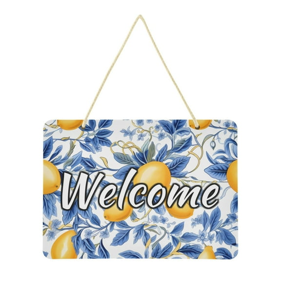 Welcome Door Sign Decoration 13.8" Rectangular Front Entrance Hanging Sign Outdoor Farmhouse Porch Lemons and Blue Leaves