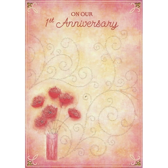 Designer Greetings Red Flowers, Pink Vase, Swirling Glitter Vines Our 1st : First Wedding Anniversary Congratulations Card for Wife or Husband