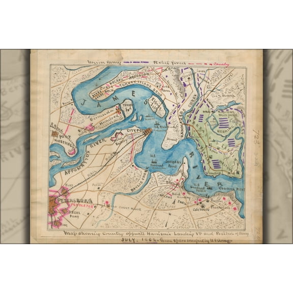 24"x36" Gallery Poster, Map country opp Harrisons Landing virginia 1865
