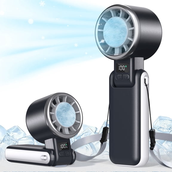 Easyriver Portable Handheld Turbo Fan with Ice Cooling, 5 Gear Wind, Up to 12 Working Hours, 3 IN 1 Rechargeable Personal Fan with LED Display for Outdoor Activities, Travel, Beach (Black)