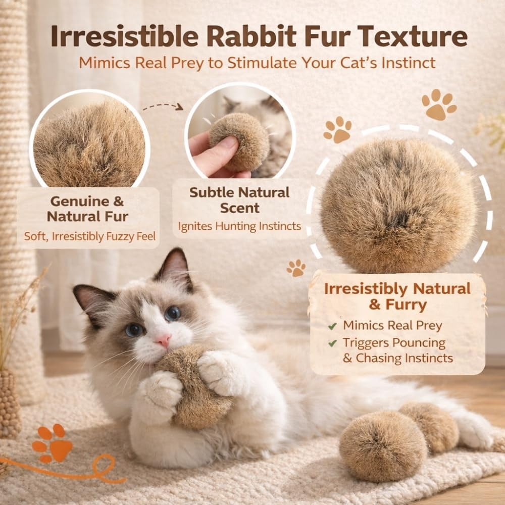 Cat Toy Balls, Ultra-Soft Fluffy Furry Pom Poms, Washable Quiet Kitten Toys for Chasing, Batting and Catching, Safe Interactive Pet Toys for All Cats