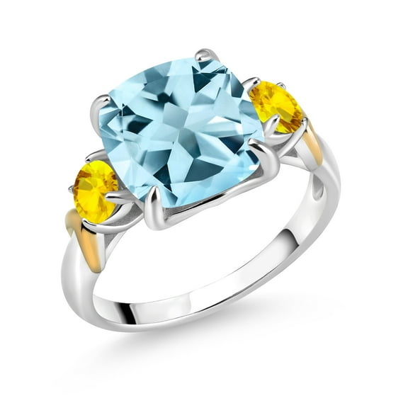 Gem Stone King 925 Silver and 10K Yellow Gold Sky Blue Topaz and Yellow Sapphire 3 Stone Ring for Women (4.97 Cttw, Gemstone November Birthstone, Cushion 10MM, Round 4MM, Size 9)