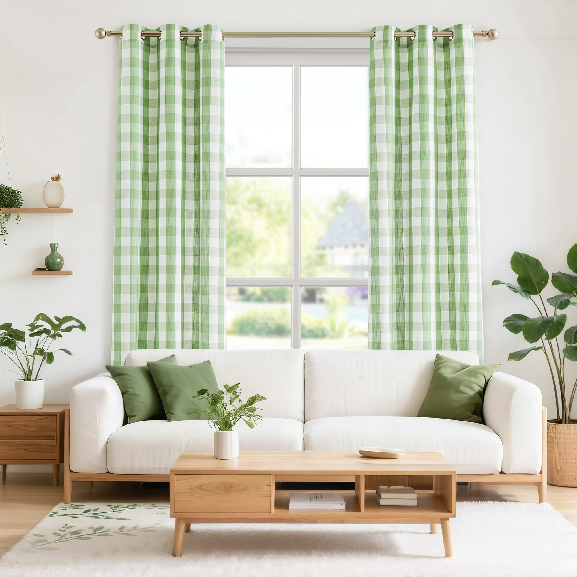 Flowpartex 2 Pieces Buffalo Check Semi Sheer Curtain Panels Green and White Plaid Textured Curtains Drapery, 40"Wx84"L Farmhouse Grommet Top Window Drapes for Living Room Bedroom