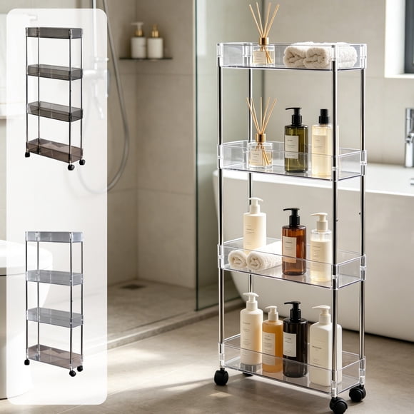 TTJ Rolling Storage Cart Clear Acrylic Rolling Storage Carts 4 Tier Slim Narrow Multi Function Trolley with Wheels Space Saving Gaps Organizer for Bathroom Kitchen Laundry Small Spaces