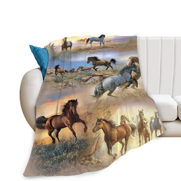 Galloping Horse Throw Blanket Super Soft Warm Comfort Fluffy Fleece Lightweight Flannel Blanket Wild Animal Cozy Fuzzy Plush Bedding â€‹Blanket Gift for Kids Boys Girls Teens Adults Couch Sofa 40"x50"