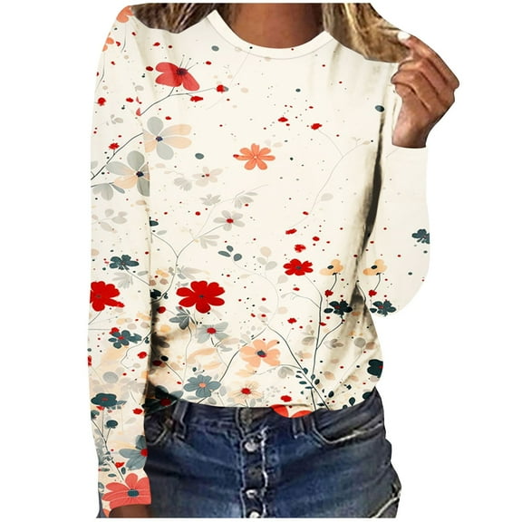 LEBONYARD Fall Fashion Plus Size Tops Clearance under $5 2024,Women's Fashion Loose Long Sleeve Round-Neck Blouse Printing Tops Multicolor S
