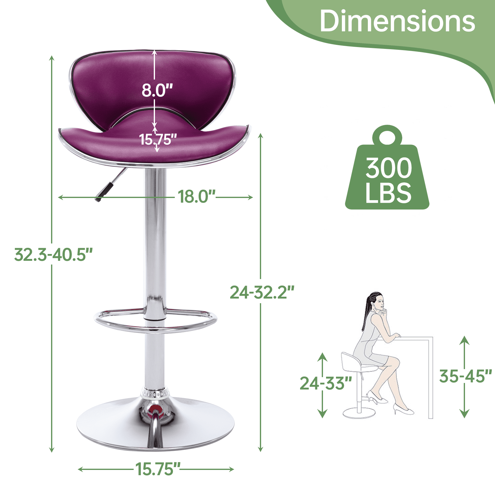 Bar Stools Set of 2, Adjustable Swivel Barstools, Modern PU Leather Counter Height Stools with Back and Footrest for Island, Dining, Bistro, Pub (Purple)