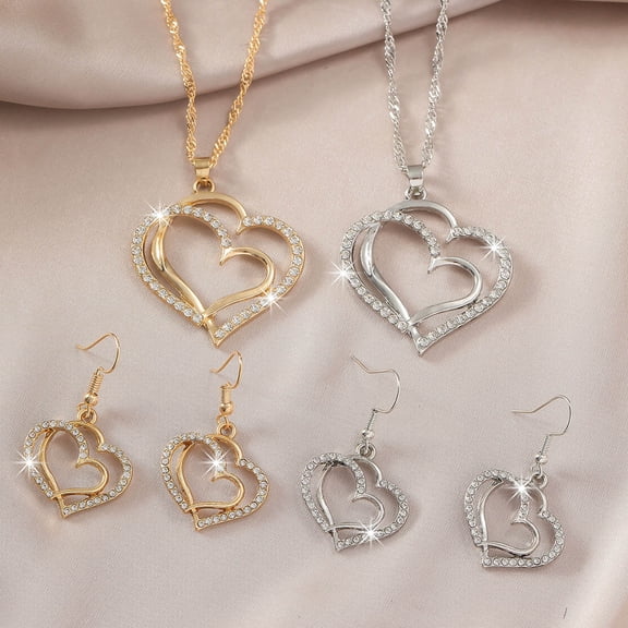 Nsxcdh Peach Heart Necklace Earring Set Double Heart Alloy 19.68in Elegant Gift for Couples Anniversary Versatile Coordinated Fashion Jewelry Christmas Gifts for Grandkids and Women