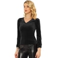 thumbnail image 2 of Blusa de terciopelo de manga larga con decoración de botones y cuello en V para mujer Negro S, 2 of 5