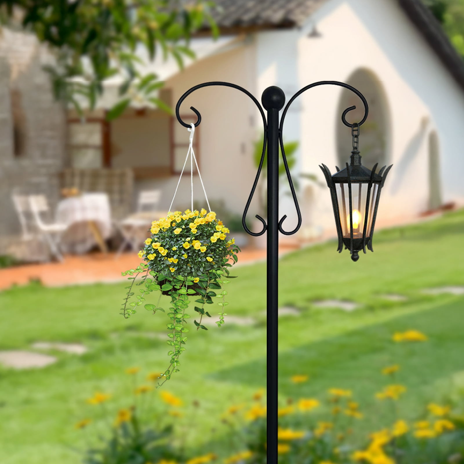 Sylvtty Outdoor Shepherd Hook Double Hooks Heavy Duty Bird Feeder Pole Shepherd Hook with 5-Prong Base for Hanging Plants Lanterns Wind Chimes