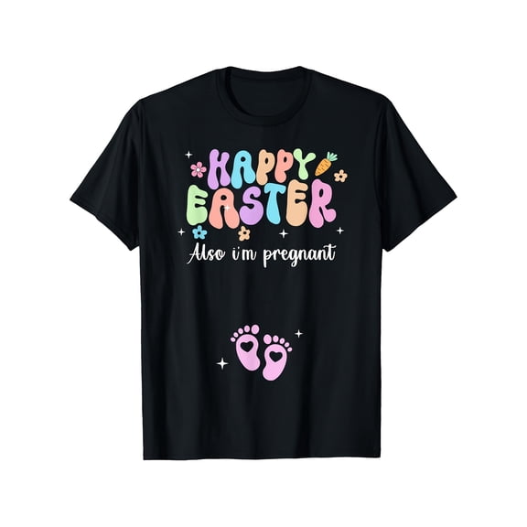 Funny Retro Happy Easter Pregnancy Announcement Maternity T-Shirt - Pastel Expecting Mom Holiday Graphic Tee - Cute Footprints Pregnancy Reveal Shirt