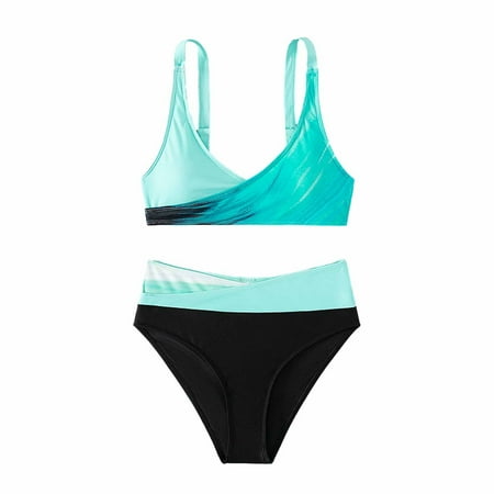 TMOYZQ Women s High Waisted Bikini Sets V Neck Sporty Two Piece Swimsuits Color Block Cheeky Swimwear High Cut Tummy Control Bathing Suits with Adjustable Straps