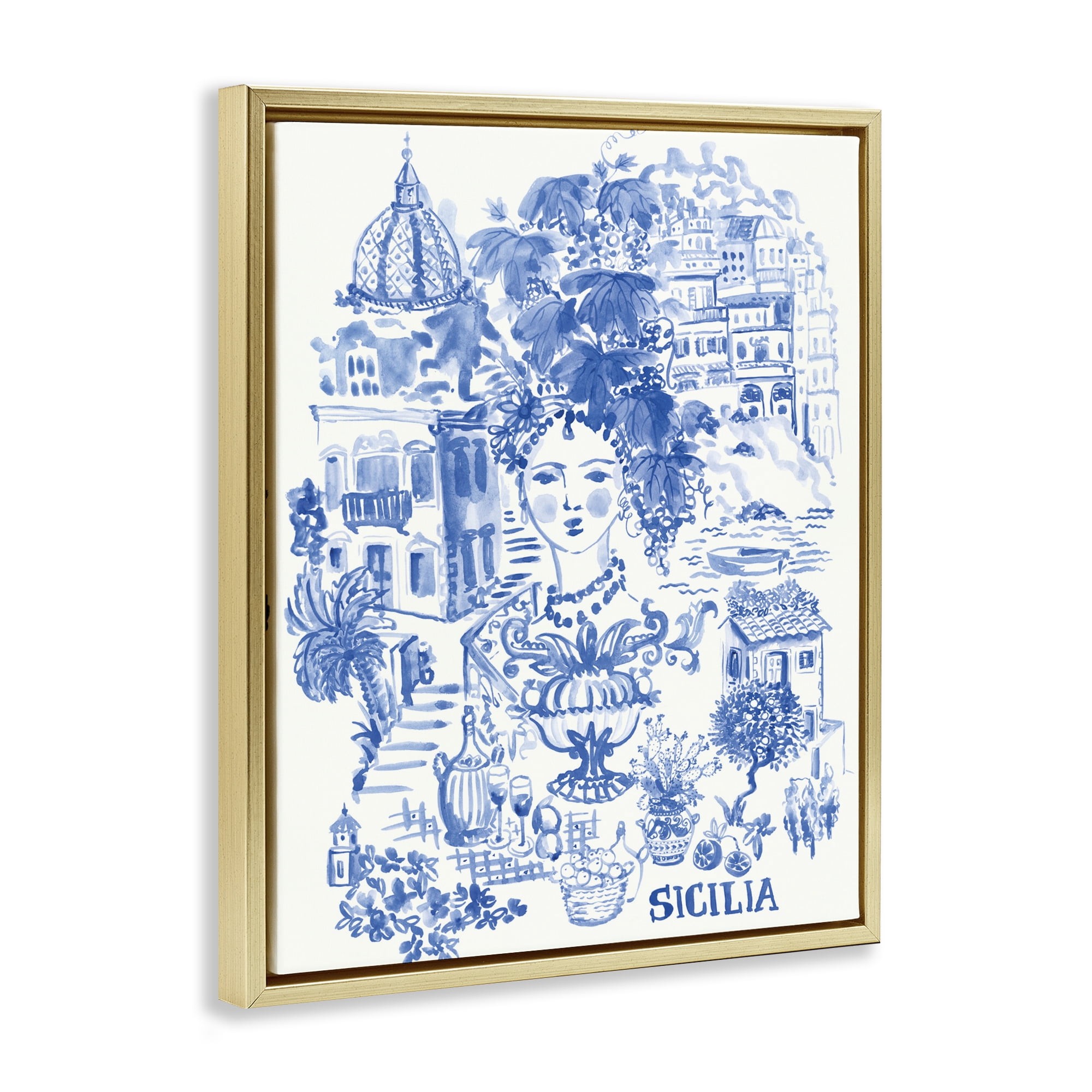 Stupell Industries Sicilia City In Blue Gold Framed Floater Canvas Wall Art, design by Karolina Sato