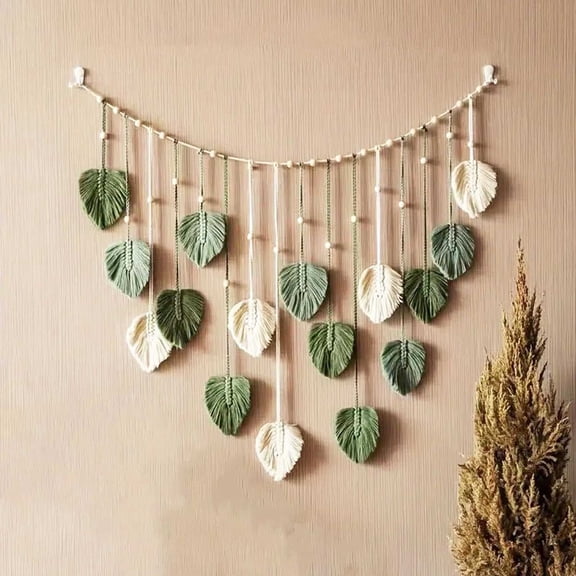 Macrame Woven Wall Hanging Decor Tapestry Boho Chic Home Decor Woven Green Leaf Large Tapestry Wall Art Decor Handmade Feather for Bedroom Living Room Apartment Hanging Decorations, 47x29.5 inch