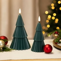 Ribbed Flickering LED Flameless Christmas Tree Wax Candles - 6" - Green - Set of 2