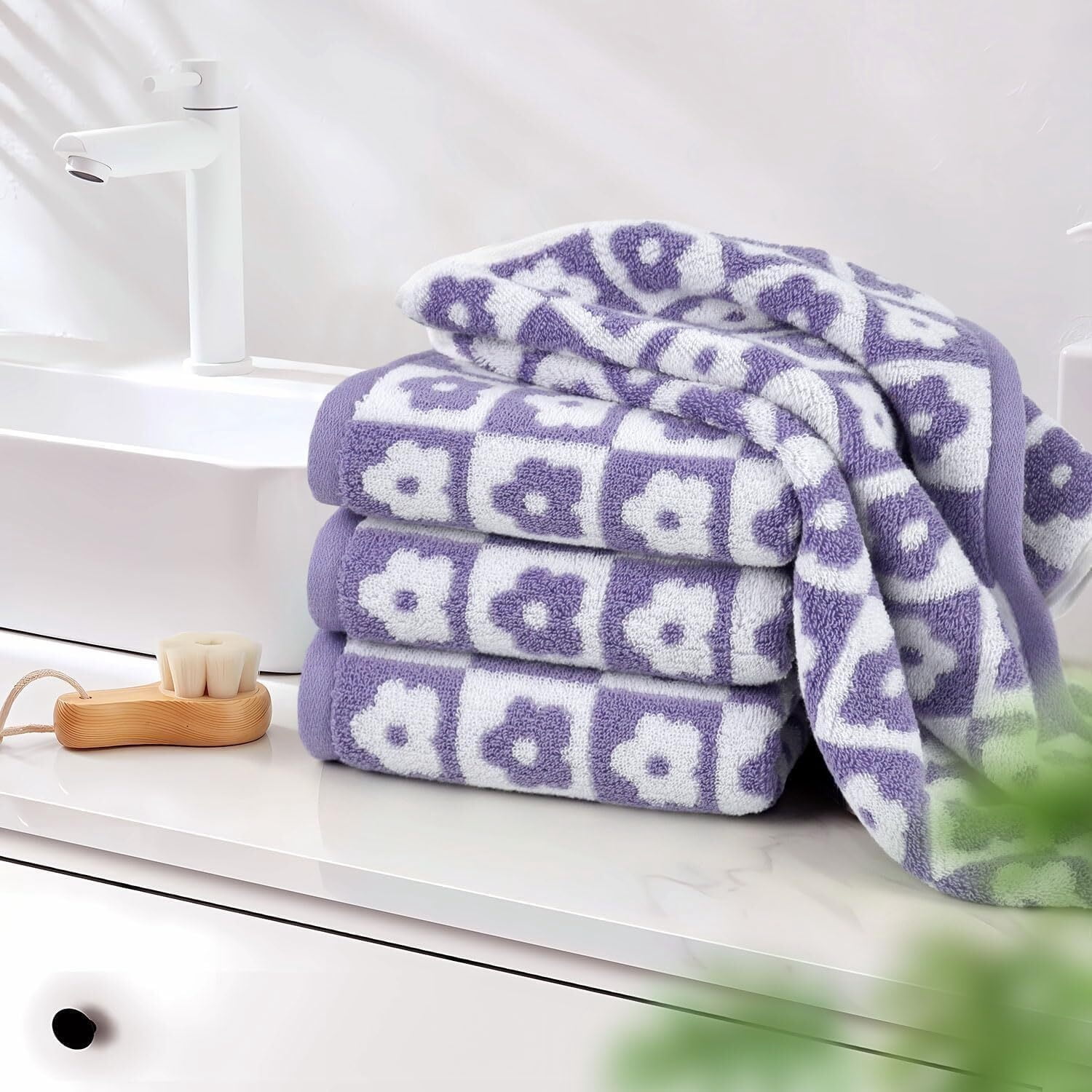 Cotton Hand Towels Pink Checkered Floral - Quick Drying Hand Towel Set of 4, for Women Girls Wife Mom Daughters, 29" x 13"