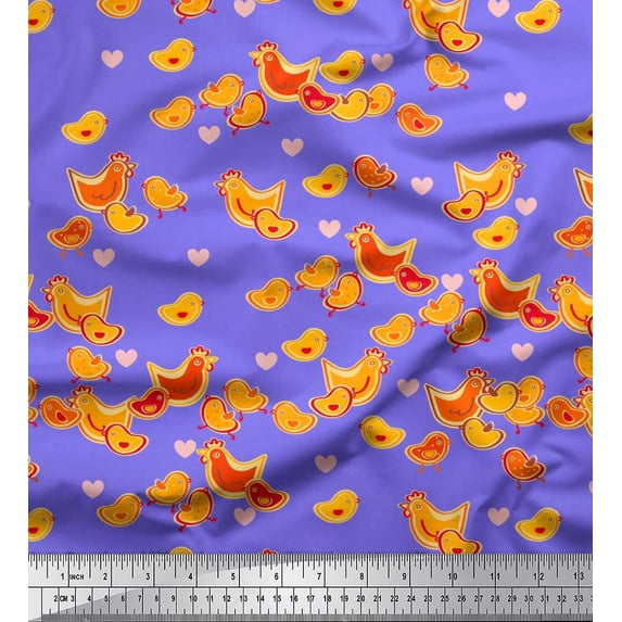 Soimoi Silk Fabric Heart,Hen & Chick Cartoon Decor Fabric Printed Yard 42 Inch Wide