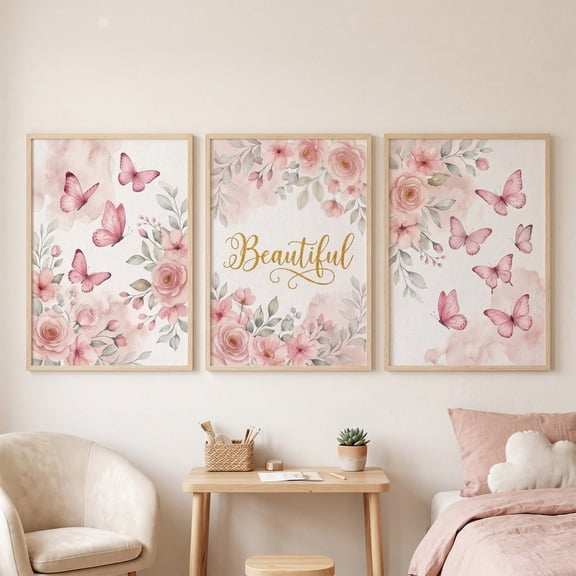 Mosiee 3Pcs Pink Floral Butterfly Art Prints-Elegant Wall Decor for Bedroom Living Room Hx7520-30*21 *3