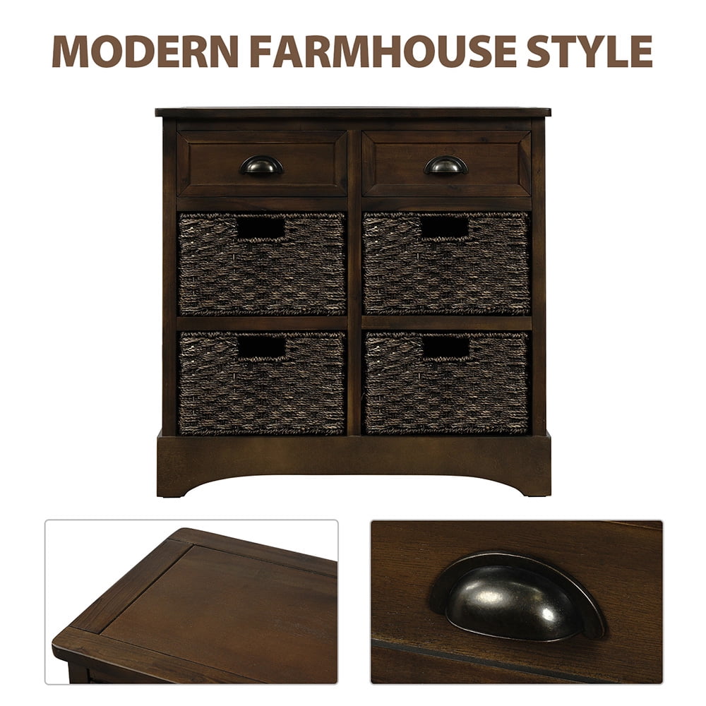 Lowestbest Rustic Storage Cabinet, Buffet Storage Cabinet with Four Classic Fabric Basket, Sideboard Entryway Table with 2Drawers for Kitchen Room, Dark Brown