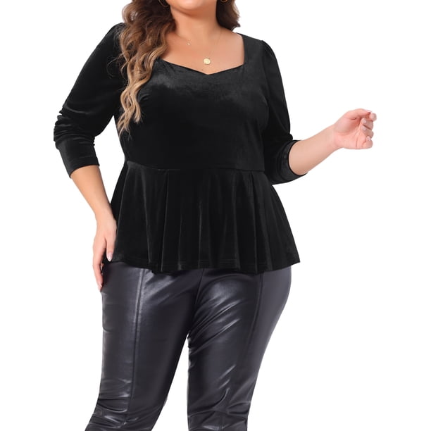 Blusa peplum elegante de terciopelo con escote en forma de corazón para mujeres de tallas grandes GRACE & GRANDEUR 4X negra