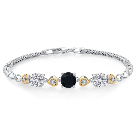 Gem Stone King 925 Silver and 10K Yellow Gold Black Onyx and Lab Grown Diamond Bracelet for Women | 2.84 Cttw | Gemstone December Birthstone | Round 7MM & 6MM | Size 7 inch | Made in Italy