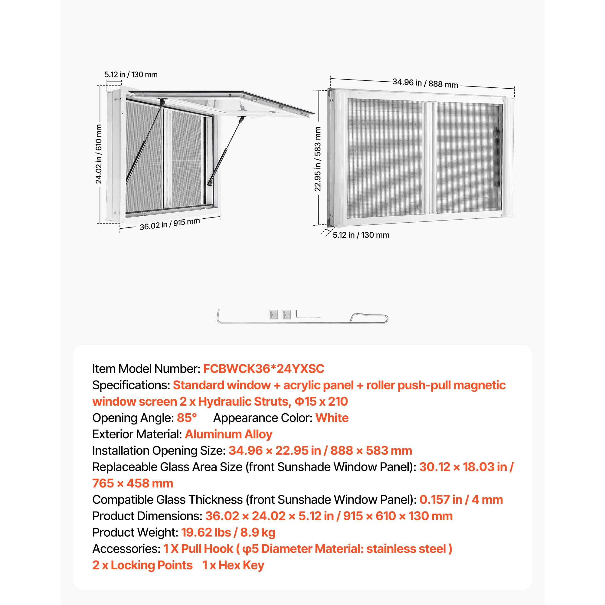 KFFKFF Concession Window 36x24 in Aluminum Alloy & Acrylic Service Window, Designed for Food Trucks, Features 85-Degree Stand Serving, Dual Sliding Screen Windows, Awning Door, Drag Hook.