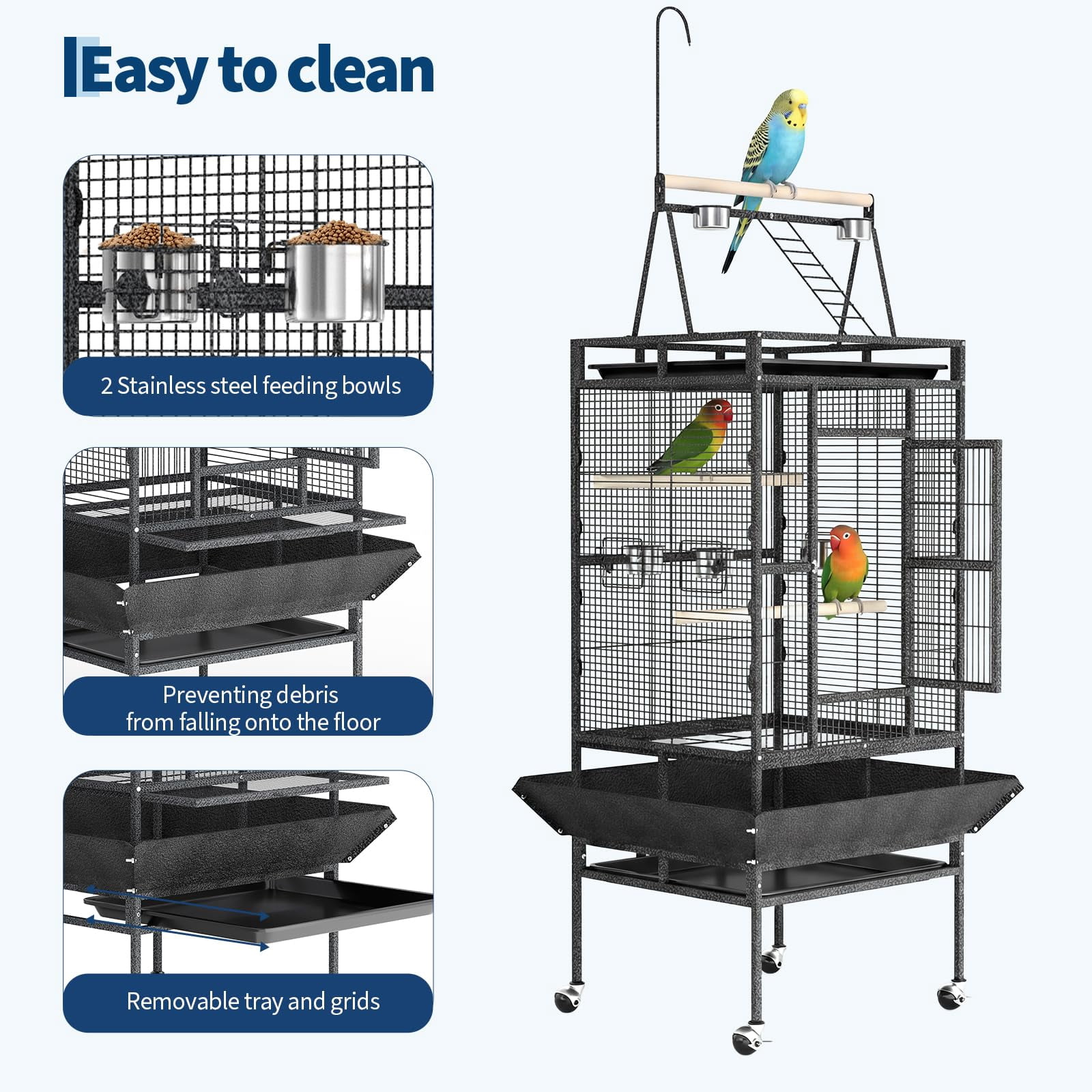 Parrot Cage, 82inch Rolling Bird Cage, Spacious Flight Bird Cage, with Feed Bowls, Playground and Rope Perch, for Parakeets, Cockatiels, Conures