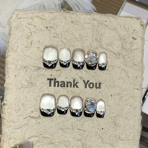 French Tip Glitter Rhinestone Handmade Press on Nails for Women Cute Stylish Fashion Birthday Short Coffin Black Fake Nails